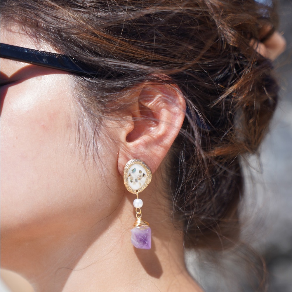 jewelry gold plated drop natural earrings amethyst - Picture 4 of 8